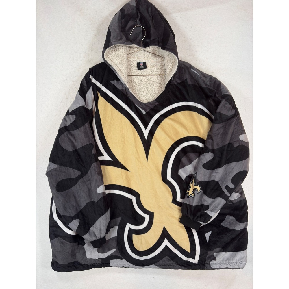 NFL New Orleans Saints Oversized Hooded Blanket Sweatshirt Grey Camo Sherpa